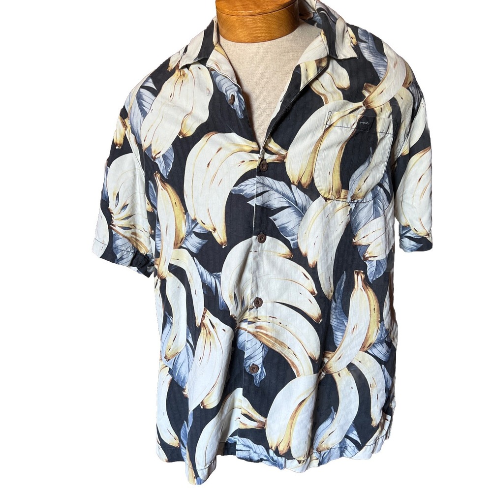 Tommy‎ Bahama Mens Large Banana Hawaiian Button Up 100% Silk Shirt